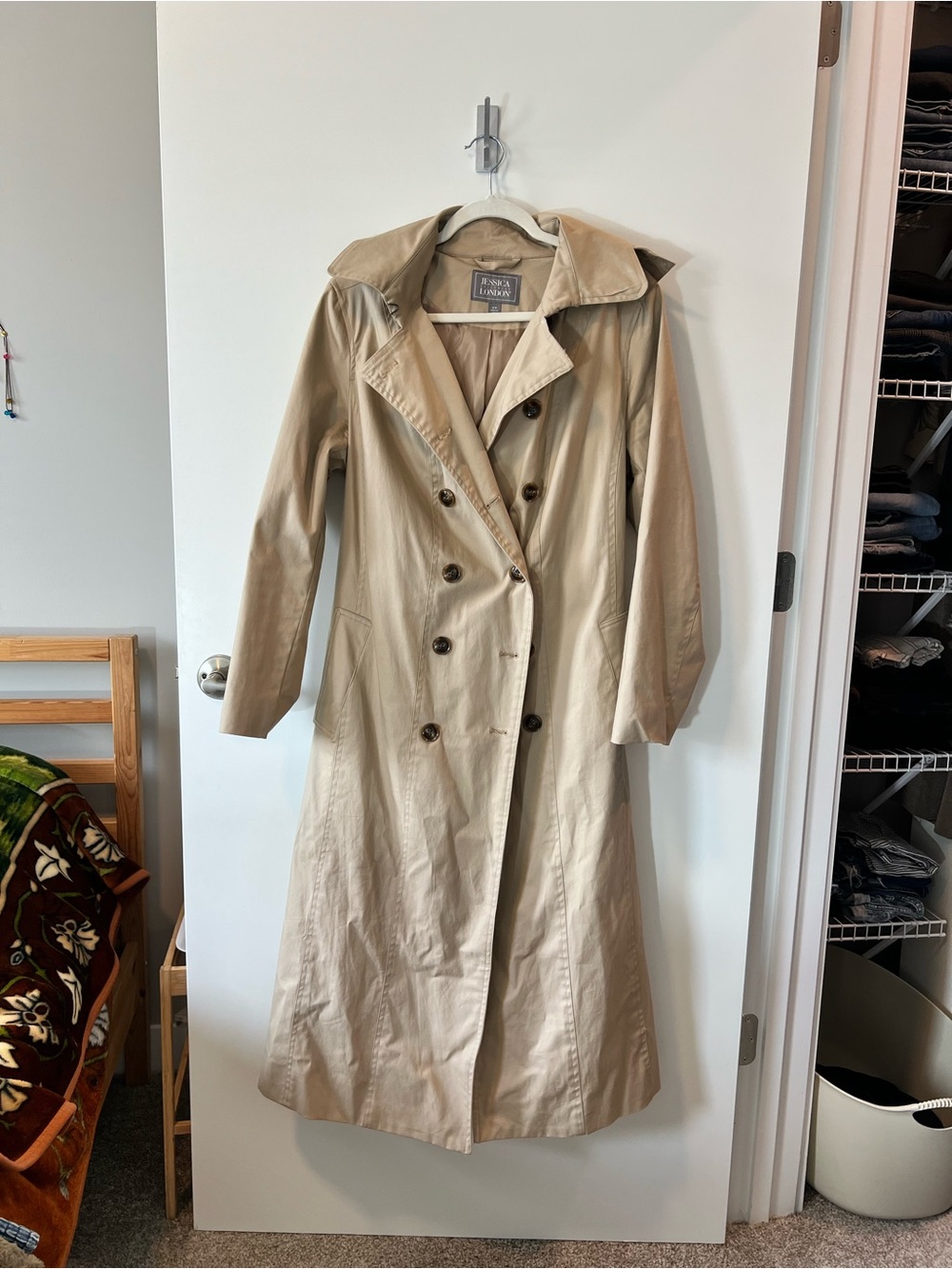 Jessica London Khaki Long Double-Breasted Trench Coat